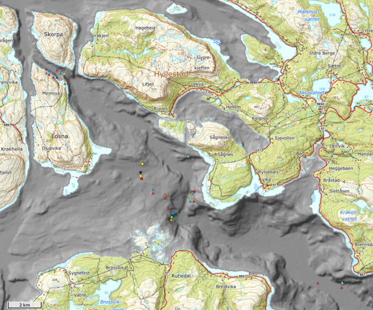 Dybdekart for Sognefjorden ved Hyllestad med farga symbol for naturtypar og artar. Det ligg lenke på biletet til fylkesatlas.