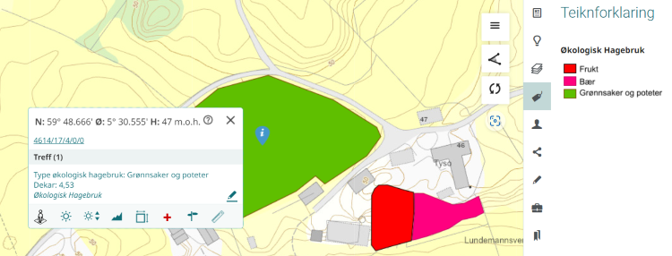 Flater med farger på kart som viser områder med økologisk dyrking av frukt, bær og grønnsaker. Det ligg lenke på biletet til fylkesatlas.