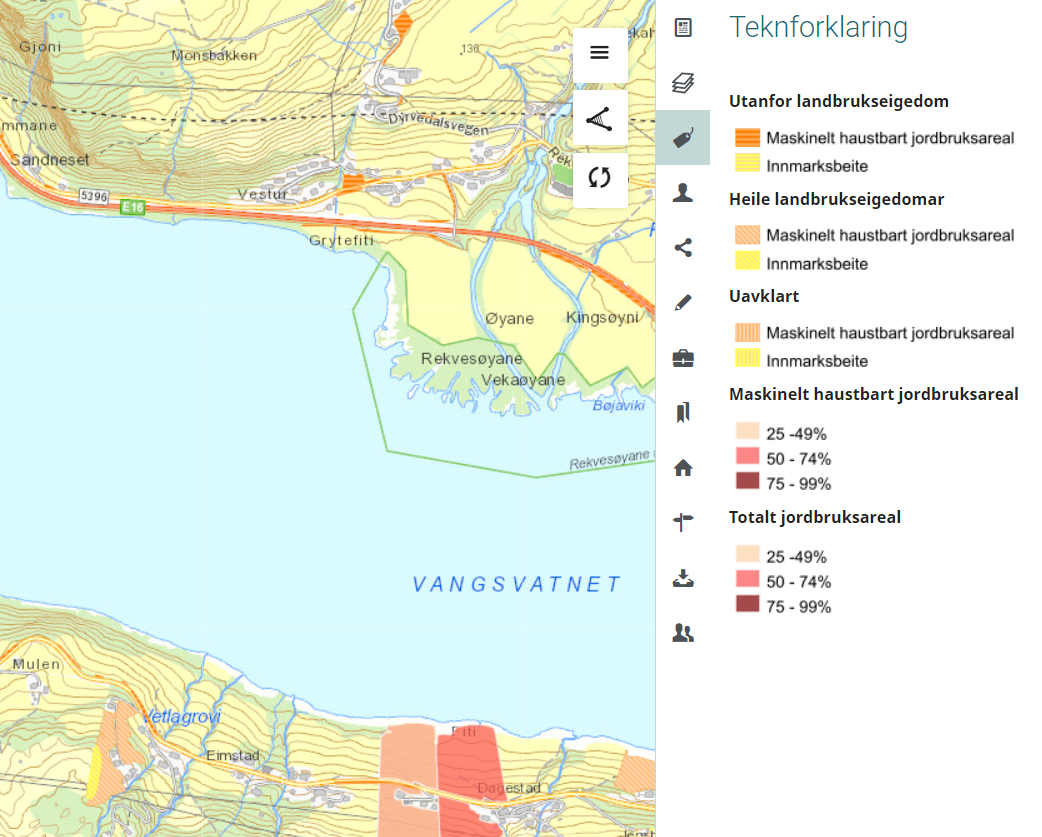 Kart med oransje, gule og raude flater som viser status for jordbruksareal som kan vera ute av drift.
