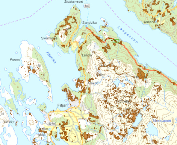 Kart med brune flater som viser kvar det er hogd skog. Lenke på bilde til kartlag i Fylkesatlas.