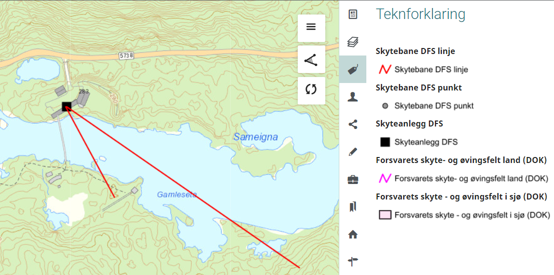 Kart med svart firkant og raude linjer frå firkanten som viser ein skytebane for Det frivillige skyttervesen.
