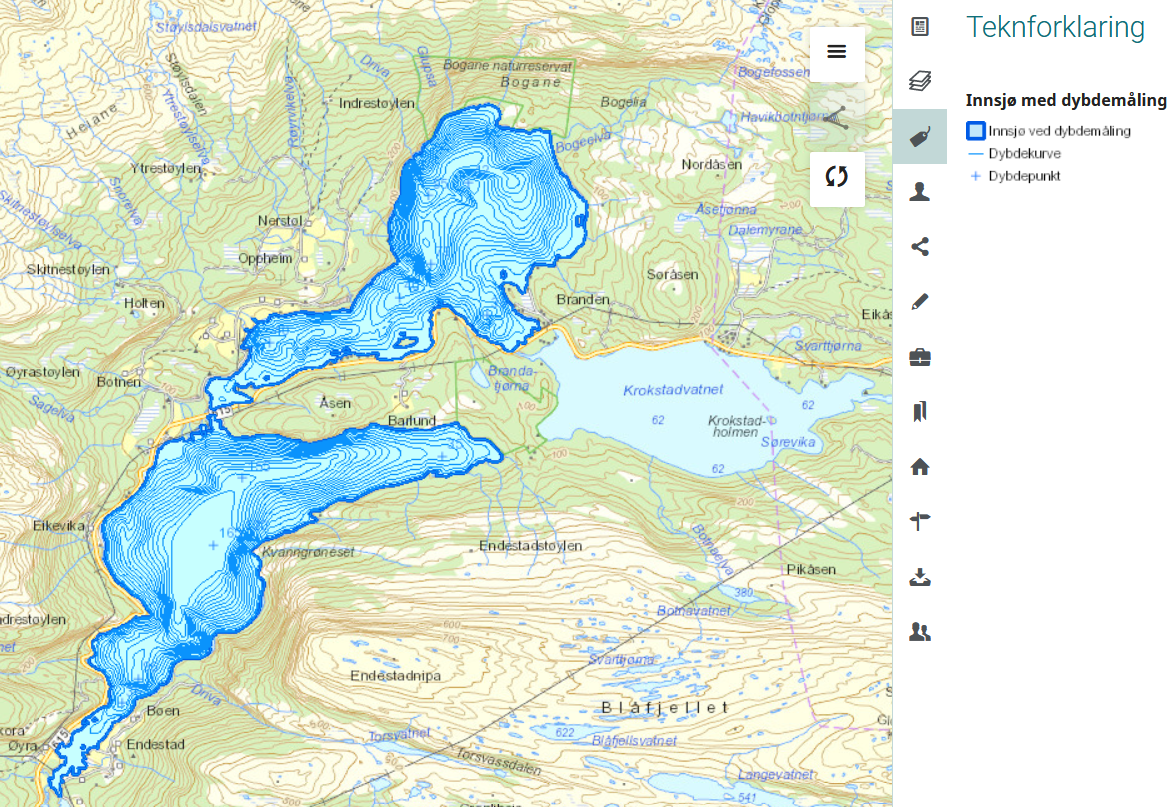 Kart med blå dybdekoter i innsjø.