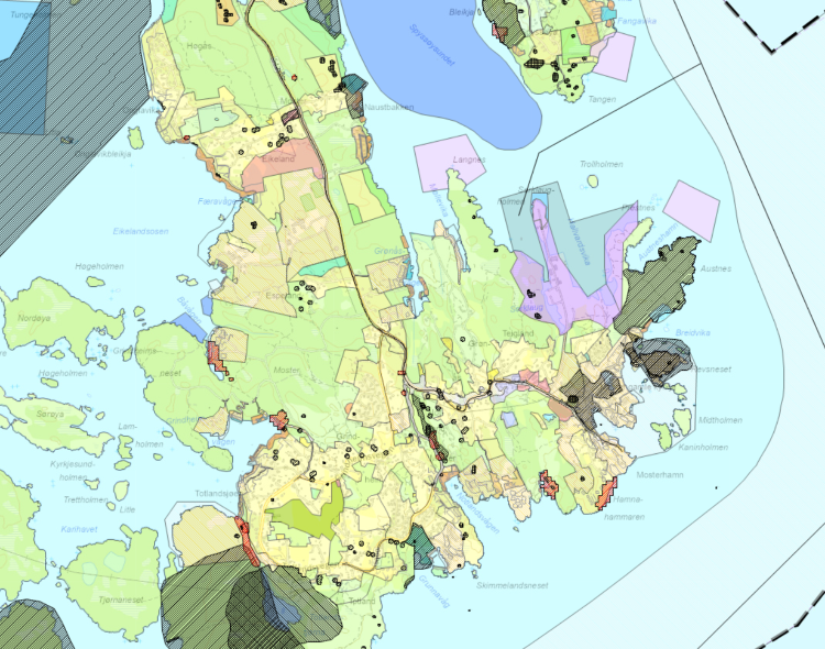 Kart som viser Bømlo sin arealdel for kommuneplanen med farga og skraverte flater. Det ligg lenke på biletet til fylkesatlas.