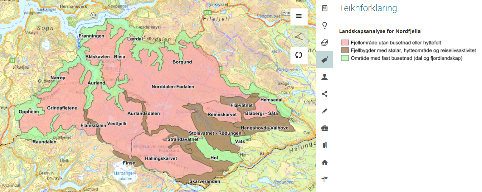 Kart med grøne, brune og rosa flater som illustrerer landskapet i Nordfjella i Vestland. Det er lenke til kartet i fylkesatlas på bilete.