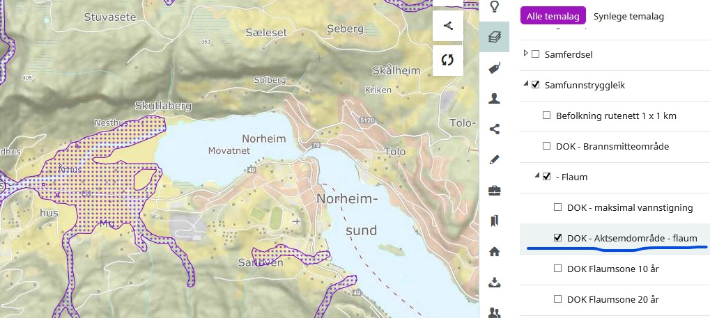 Kart med lilla skravur flater. Temaliste der DOK - Aktsemdområde - flaum er skrudd på.