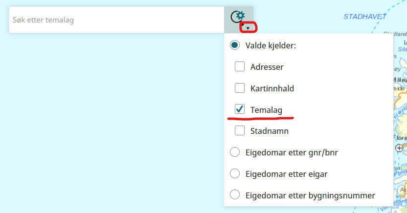 Søkefelt i kart med nedtrekksliste der ein kan velje kva ein vil søke på.
