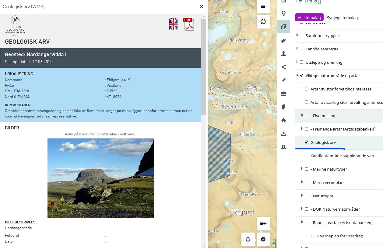 Nettstad for geologisk arv for Hardangervidda. Kart med blågrå flate bak. Temaliste der geologisk arv er skrudd på.