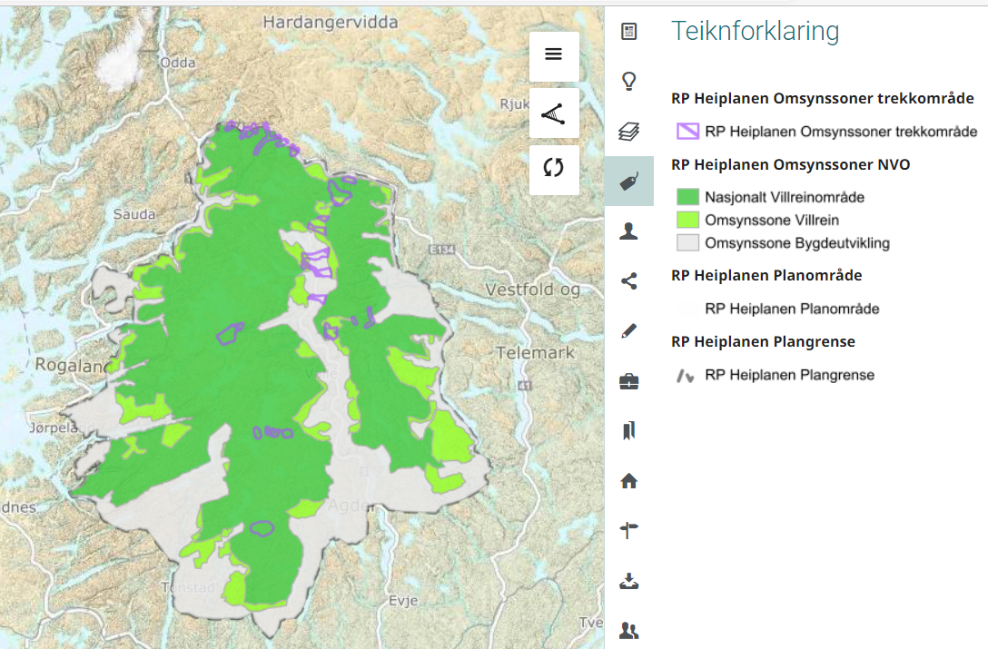 Kart med farga flater som viser den regionale planen Heiplanen. Til høgre for kartet er teiknforklaringa til planen. Det er lenke til kartet i fylkesatlas på bilete.