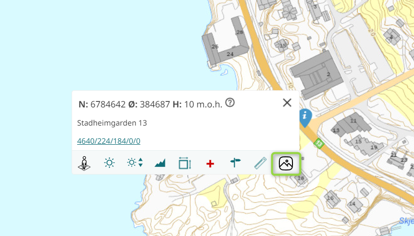 kart med vegar, hus og ein boks med treff på klikk i kart