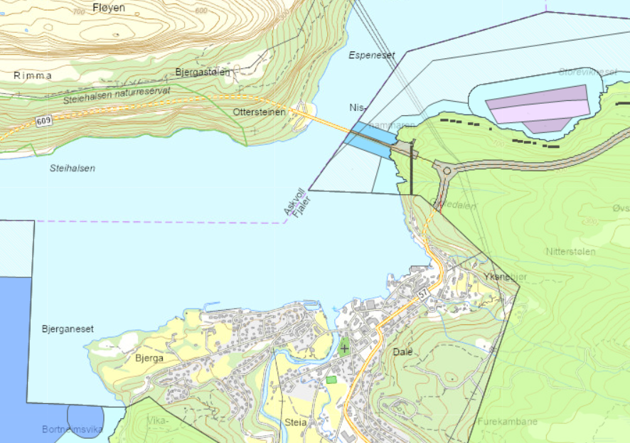 kart for Dale i Sunnfjord med farga flater som viser arealdelen til kommuneplanen på fjerde gang høyring og lenke til fylkesatlas der du kan sjå dette