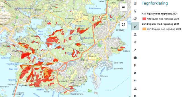 topografisk kart med raude og oransje flater