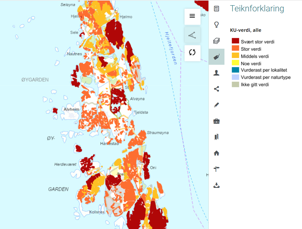 Kart over Øygarden med raud-orange flater og teiknforklaring til høgre for kartet for Naturtypar med KU-verdi.