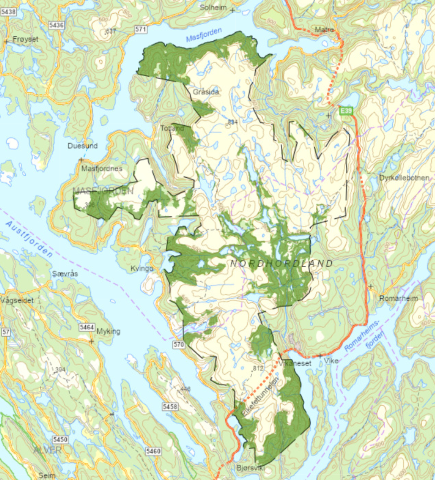 kart med avgrensing og grønne områder for skog + url til nettstad