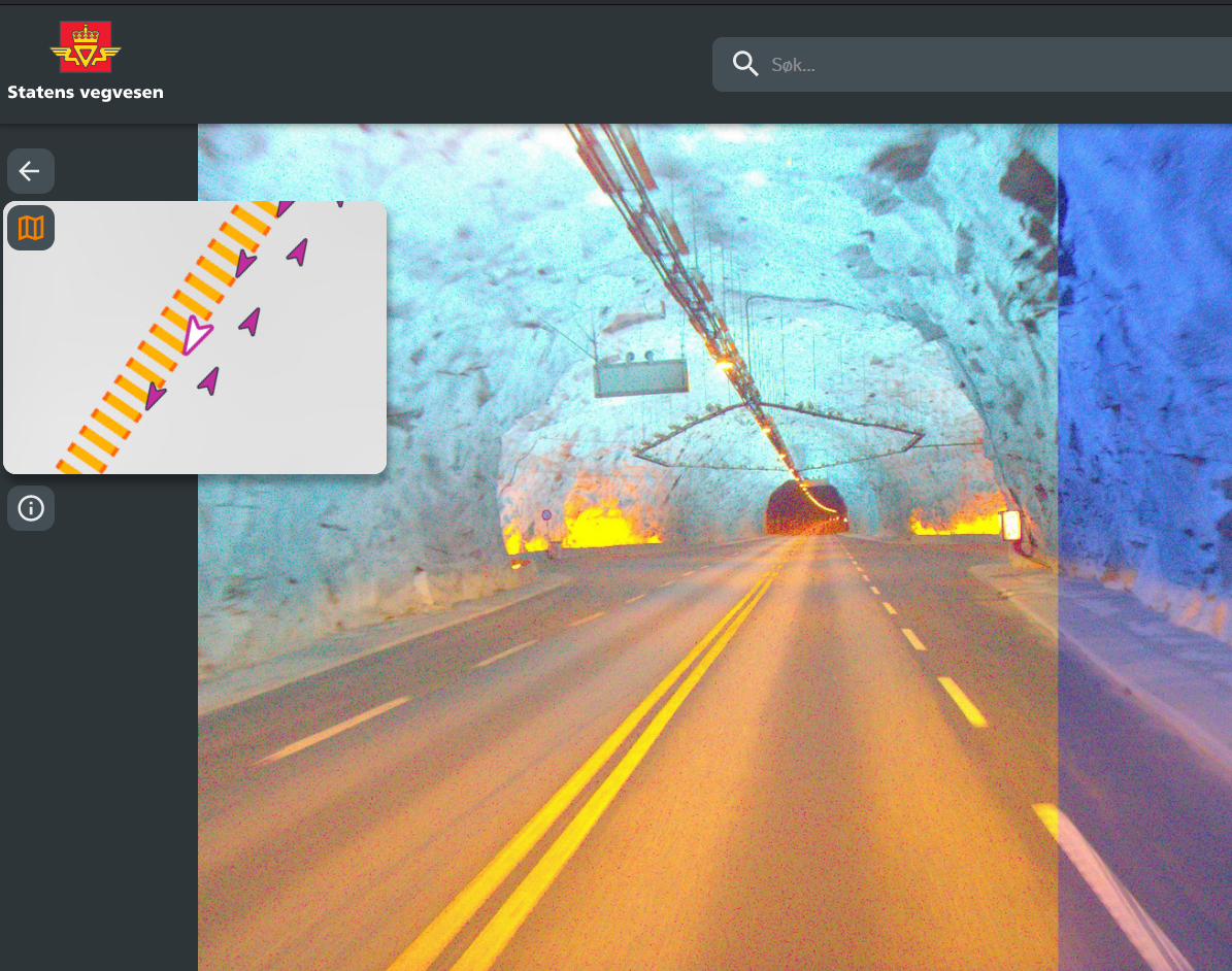 Statens vegvesen logo, søkefelt, nedtrekksmeny med val av år, kartvindu med utsnitt av vegen med piler som viser kjøreretning, foto av veg og inni tunnel på same stad som kartutsnittet.