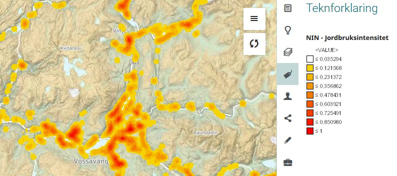 Kart med flater som har fargeskala frå raudt til gult. Teiknforklaring for jordbruksintensitet.