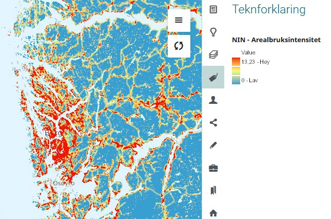 Kart med flater som har ein fargeskala frå blå til raud. Teiknforklaring for arealbruksintensitet.
