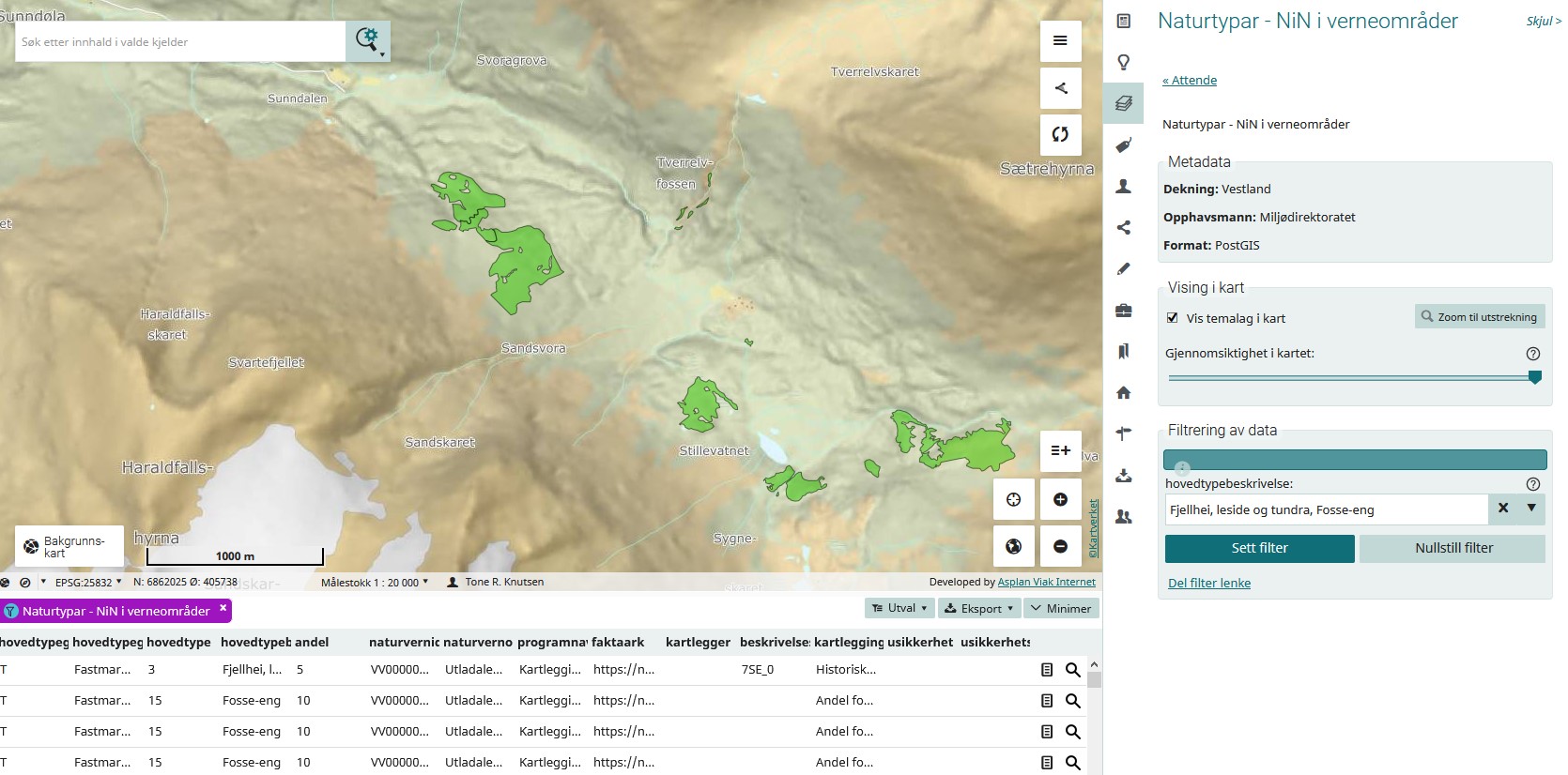 Kart med grøne flater. Tabell under kartet. Innstillingar for tema til høgre der ein kan velje ulike lag å filtrere på.