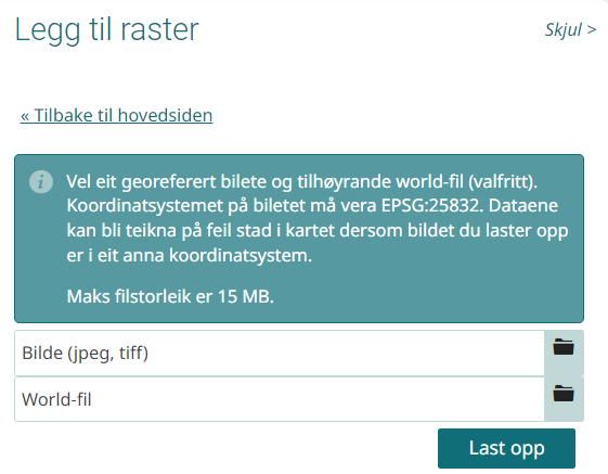 Meny/skjema for opplasting av raster.