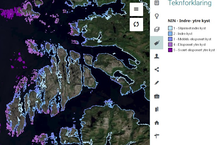 Flyfoto med blålilla flater. Teiknforklaring for Indre- og ytre kyst.