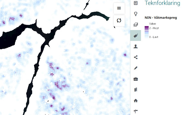 Kart med flater som har fargeskala frå mørk lilla til kvit. Teiknforklaring for våtmarkspreg.