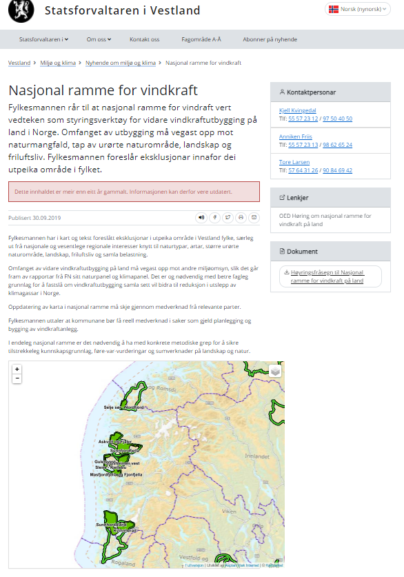 Nettside om Nasjonal ramme for vindkraft der eit kartustnitt er lagt inn som ein iframe nederst i artikkelen.