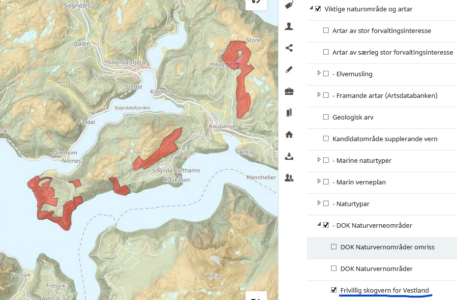 Kart med raude flater. Temaliste der Frivillig skogvern for Vestland er skrudd på.