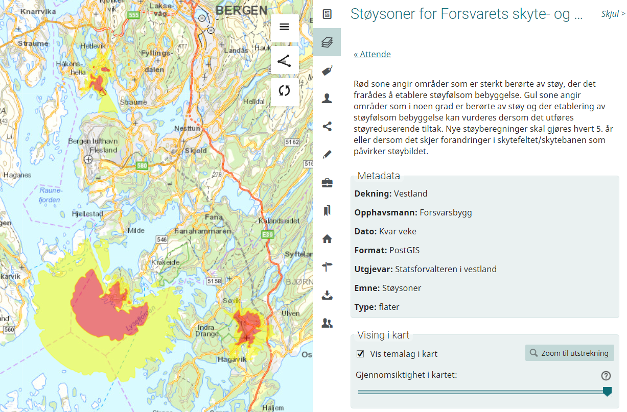 Kart med raude og gule flater som viser støysoner rundt Forsvarets skyte- og øvingsfelt. Til høgre for kartet viser metadata for temalaget.