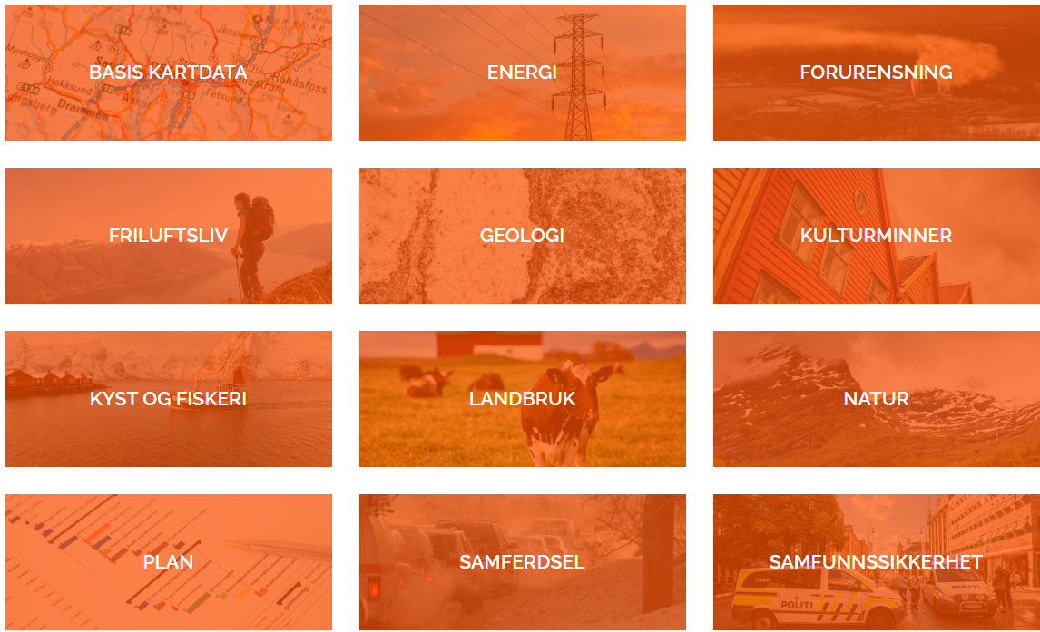12 oransje boksar som viser hovudinndelinga på kategoriar i Det offentlege kartgrunnlaget; basis kartdata, energi, forurensing, friluftsliv, geologi, kulturminner, kyst og fiskeri, landbruk, natur, plan, samferdsel og samfunnssikkerhet.