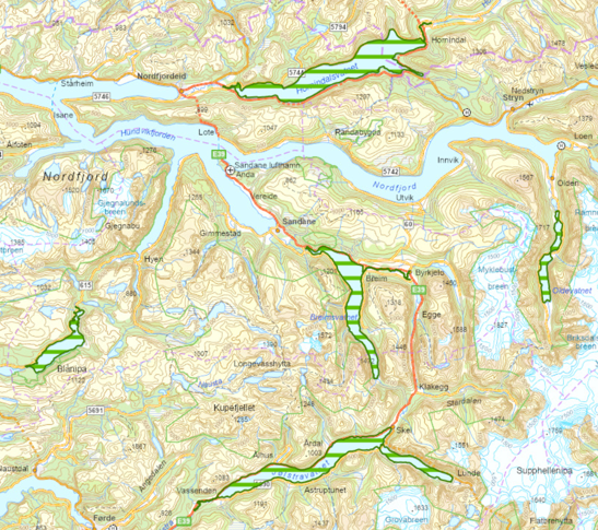 Kart med grøn skravur på store vatn. Lenke på bilde til kartlag i Fylkesatlas.