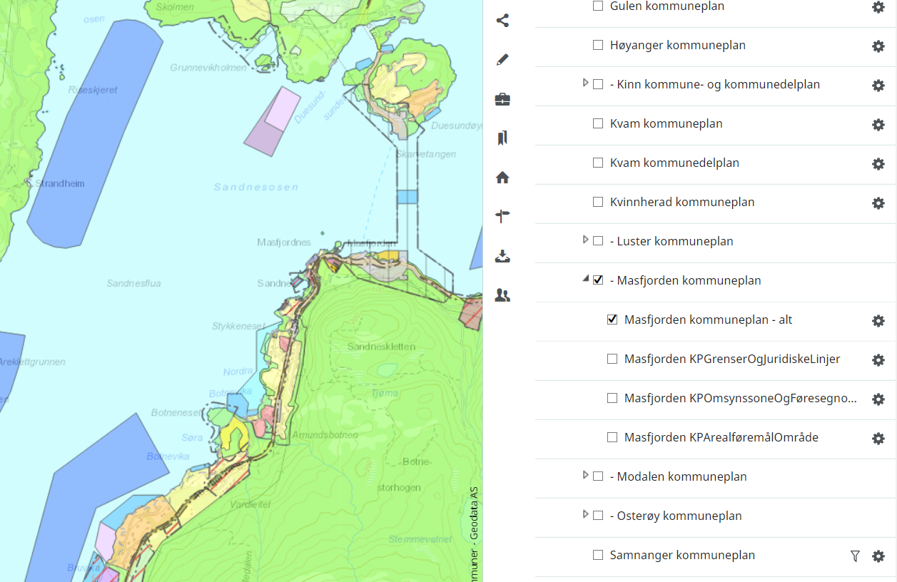 Kart med ulike farga flater og linjer som viser deler av Masfjorden kommune sin kommuneplan. Høgremeny med horisontal verktøyline og temalag oversikt der Masfjorden kommuneplan - alt er skrudd på.