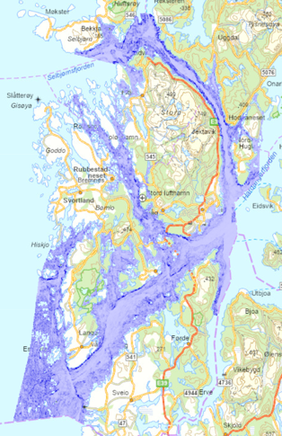 Kart med lilla flater med variasjon i Sunnhordaland. Lenke på bilde til kartet i Fylkesatlas.