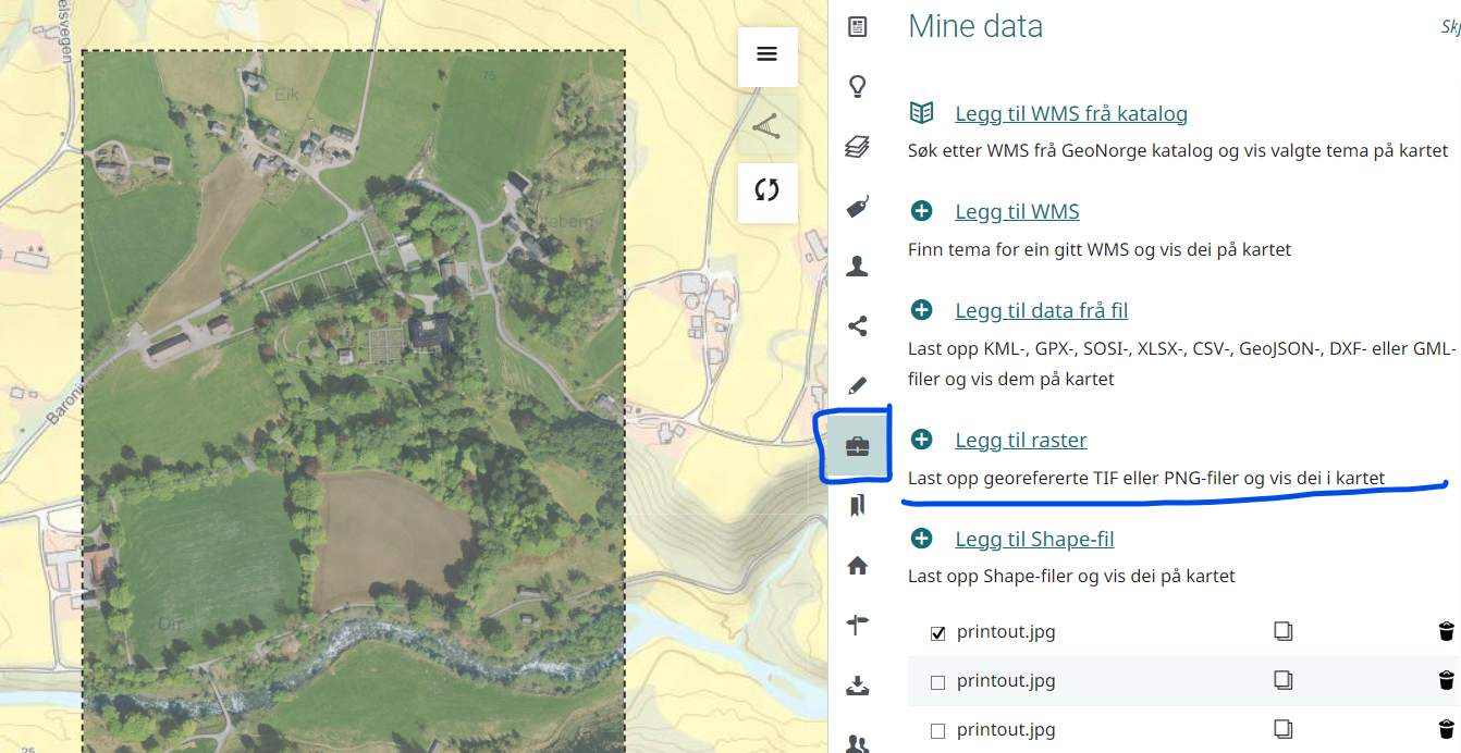 Kart med opplasta raster bilete. Høgremeny der du kan laste opp raster.