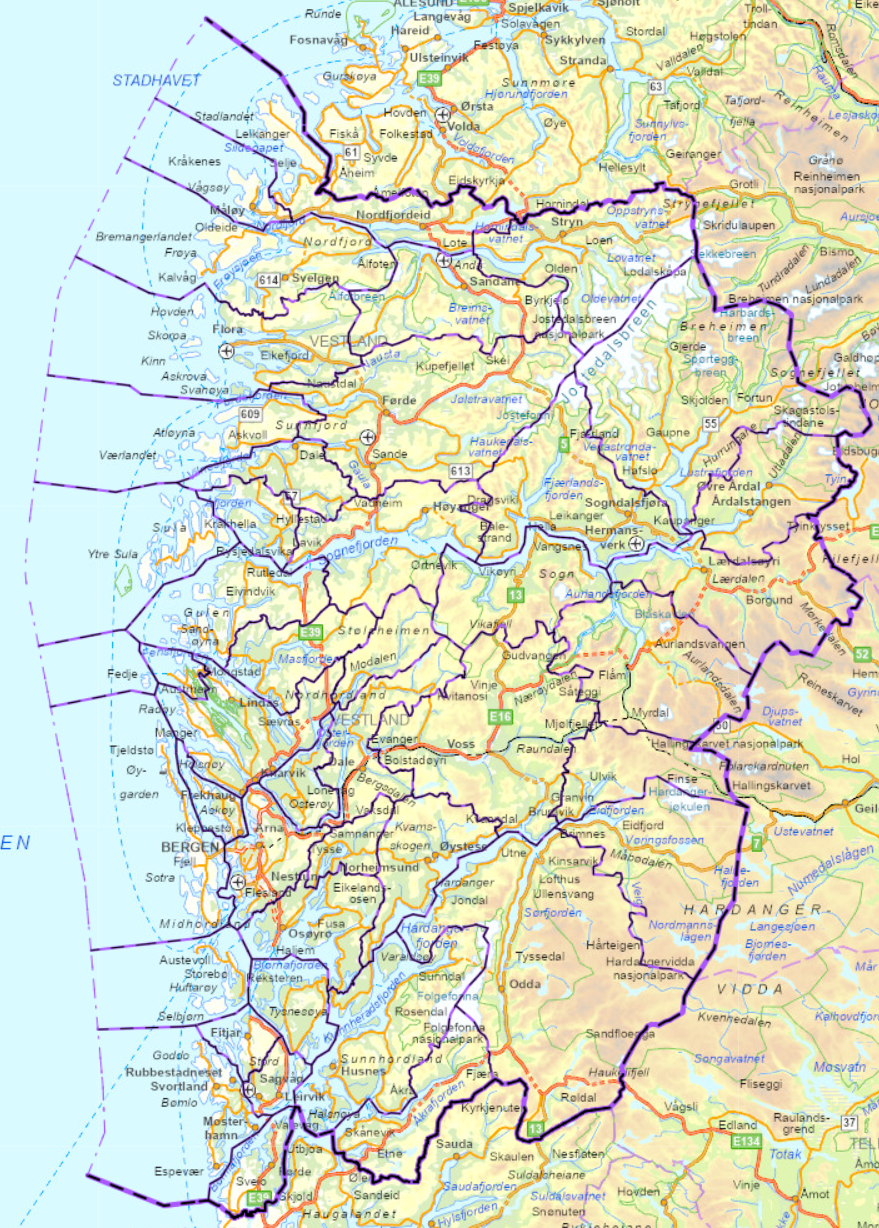 kart over Vestland fylke med lilla kommune og fylkesgrenser og lenke til fylkesatlas der du kan sjå datasettet