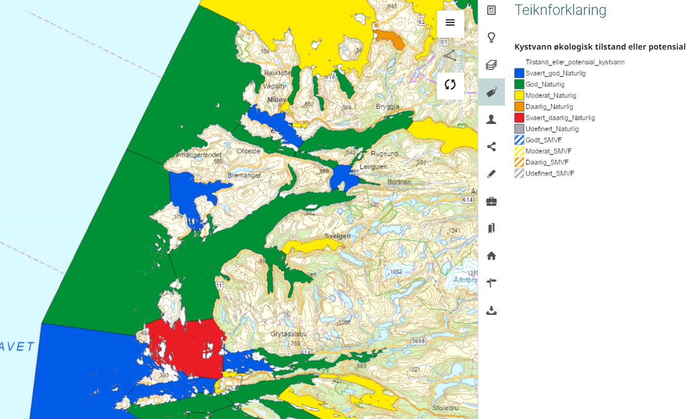 Kart med gule, grøne, blå og raude flater for ulike verdiar for kystvann økologisk tilstand eller potensial. Teiknforklaring til høgre. Lenke til fylkesatlas med tema på.