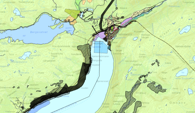 Kart som viser kommuneplan på høyring ved Høyanger. Det ligg lenke på biletet til fylkesatlas.