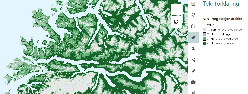 Kart med grøne flater. Teiknforklaring for vegetasjonsdekke.