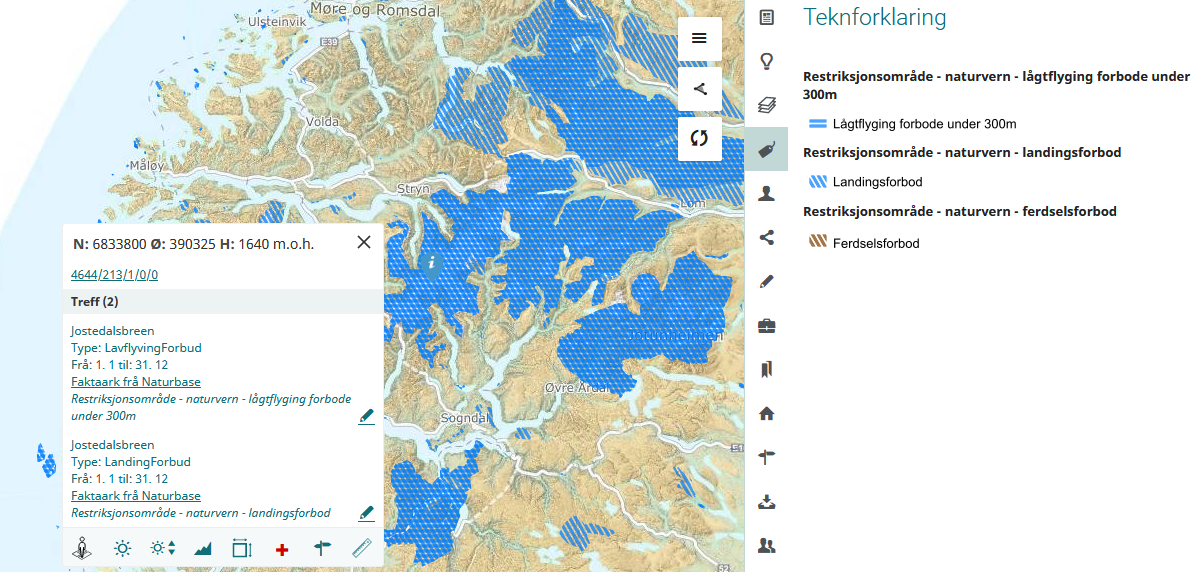 Kart med blå skravur og klikk i kart treffboks med to treff for Jostedalsbreen. Teiknforklaring for ulike restriksjonsområde.