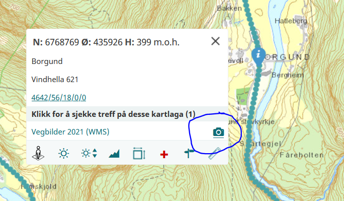 Klikk i kart treffboks med koodinat, høgde over havet, stadnamn, adresse, matrikkeladresse, treff på kartlag med lenke til treffet; Vegbilder 2021 (WMS) med klikkbar kameraknapp som er utheva, verktøyline; google streetview, yr.no, sol opp og ned, høgdeprofil, måle areal, nødhjelpsplakat, sette punkt navigasjon, måle linje.