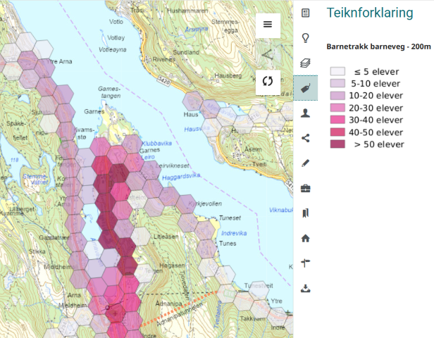 kart med heksagongrid i ulike fargar og teiknforklaring og lenke til ein nettstad