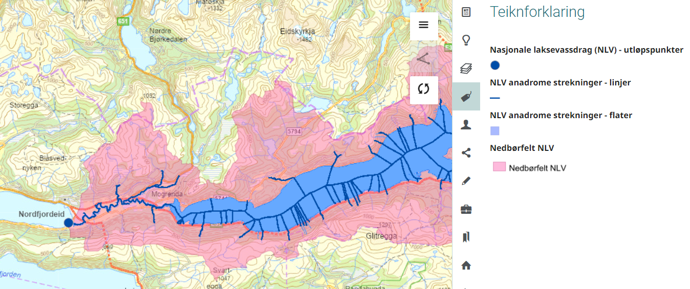Kart med rosa flate for nedbørsfelt, blå flate og linje for anadrom strekning og blått punkt for utløp av nasjonalt laksevassdrag på Nordfjordeid. Teiknforklaring til høgre for kartet. Lenke til fylkesatlas med fem tema på.