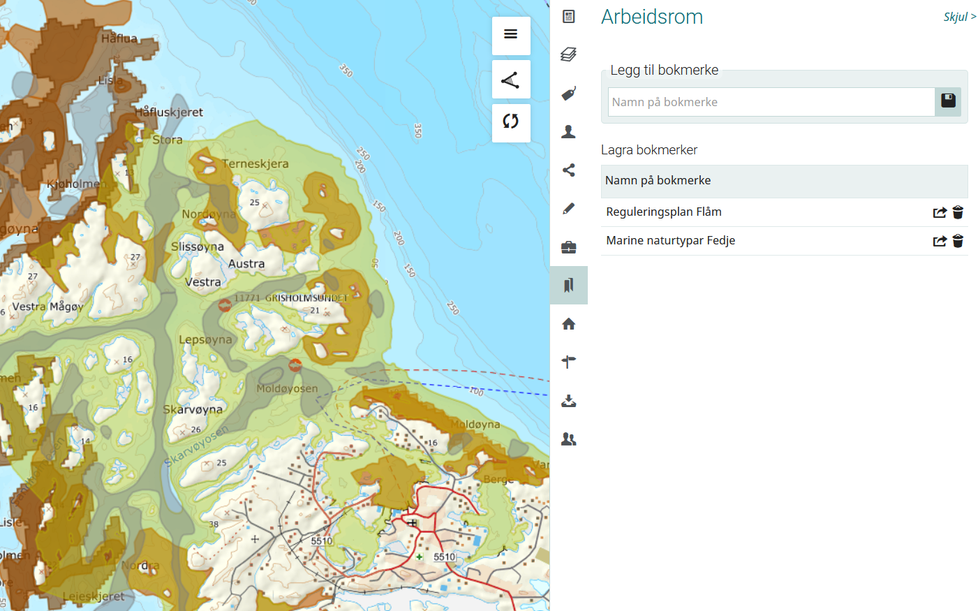 Kart med brune og grøne flater for marine naturtypar. Høgre meny viser Arbeidsrom der ein kan lage bokmerker.