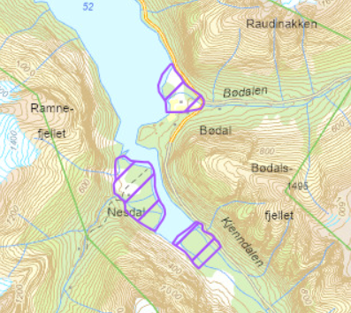 kart med lilla skraverte flater som viser naturtypen elvedelta og lenke til fylkesatlas der du kan sjå dette