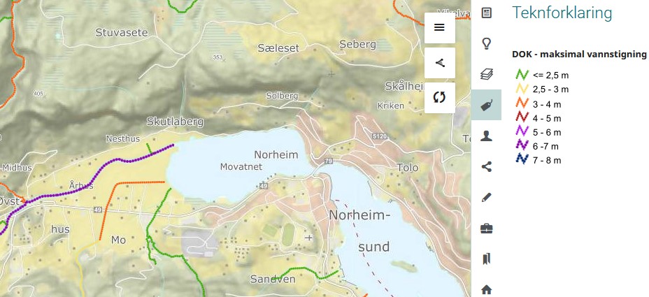 Kart med farga linjer på elver. Teiknforklaring for DOK - maksimal vannstigning.