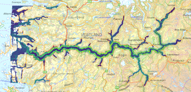 kart med fargar på Sognefjorden + url til nettstad