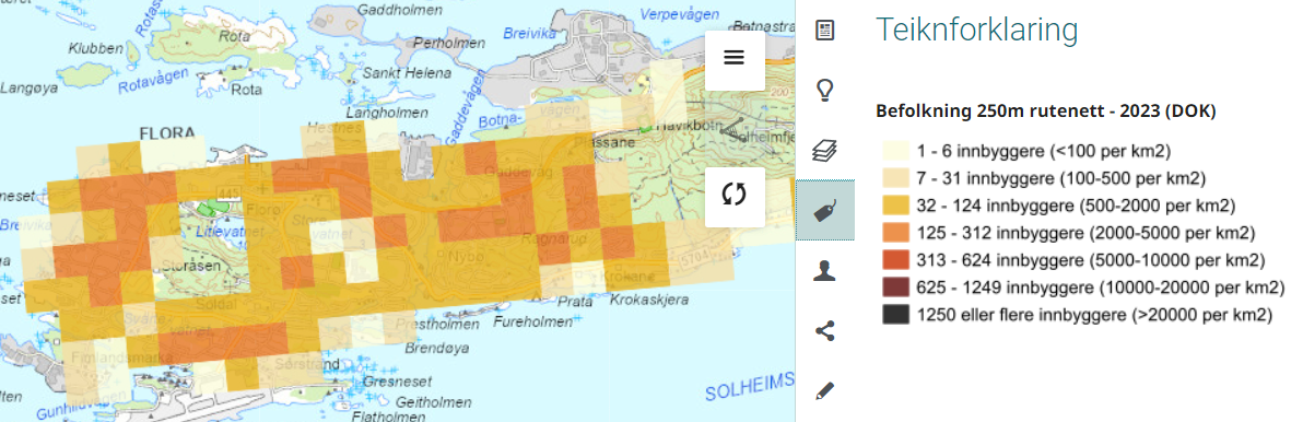 kart over Florø by i Kinn kommune med ruter i fargar som viser befolknings tetthet og lenke til fylkesatlas der du kan sjå datasettet