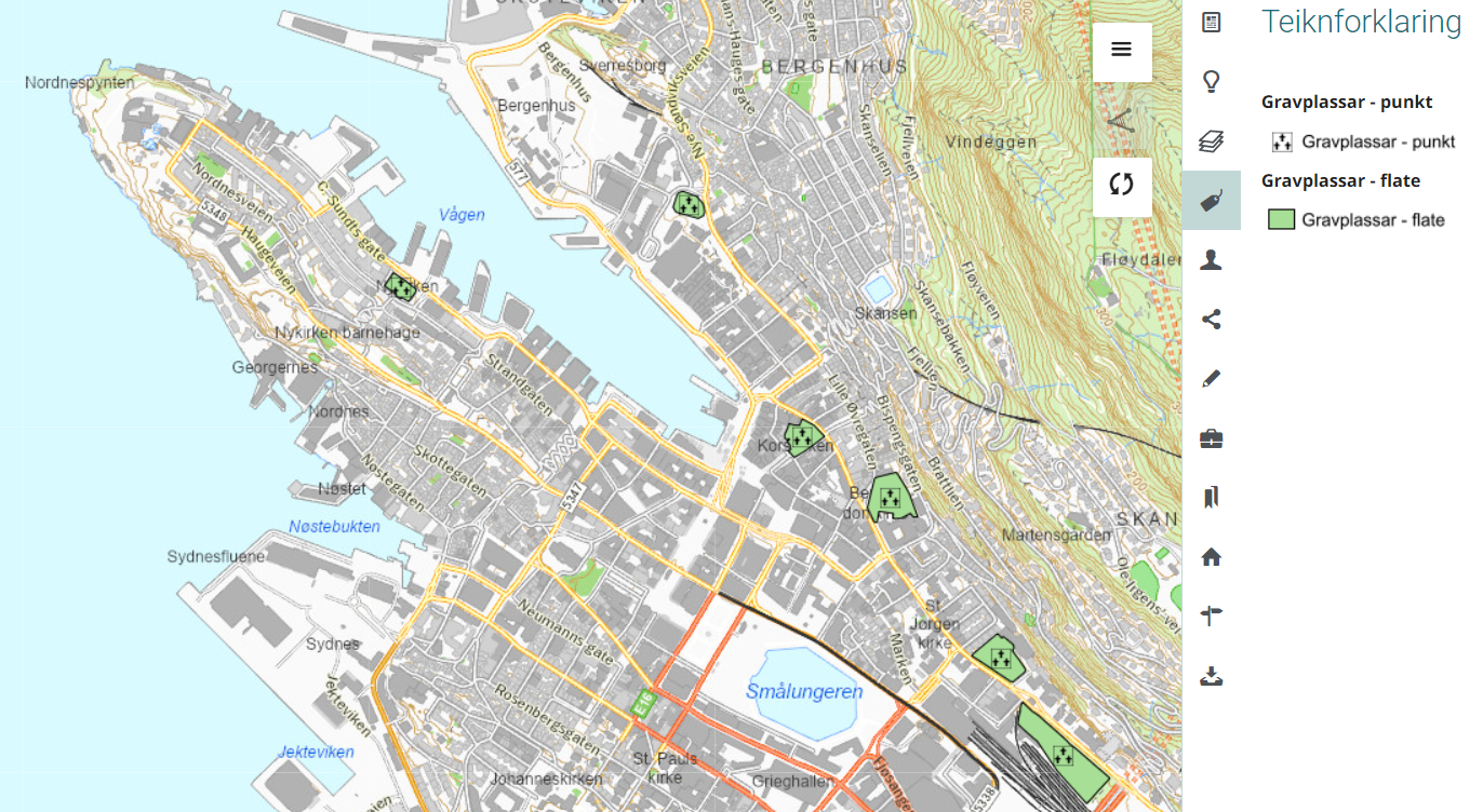 Kart over Bergen med grøne flater og symbol for gravplassar. Teiknforklaring til høgre for kartet. Lenke til fylkesatlas med gravplassar på.