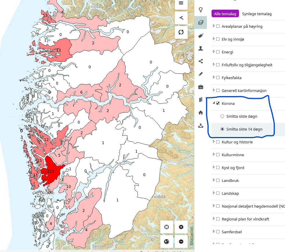 Kart for Vestland med kvite, rosa og raude kommuneflater og tal som viser tal personar som er smitta av korona siste 14 dagar i 2020. Temaliste der Korona - smitta siste 14 døgn er skrudd på.