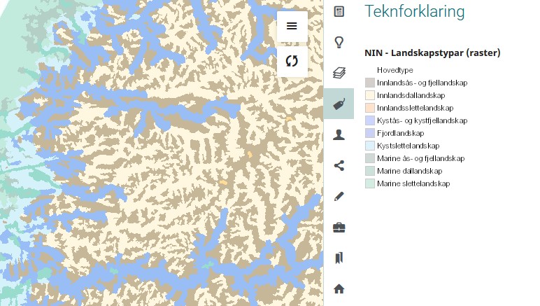Kart med duseflater og teiknfoklaring for landskapstypar.