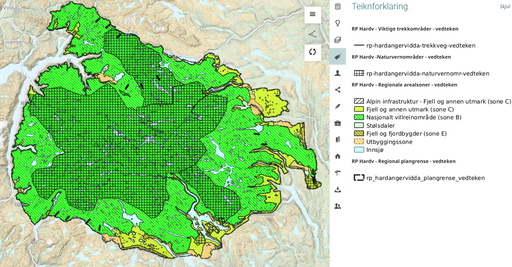 Kart med flater i ulike fargar som illustrerer den vedtekne regionale planen for Hardangervidda. Til høgre for kartet kan ein sjå teiknforklaringa til planen. Det er lenke til kartet i fylkesatlas på bilete.