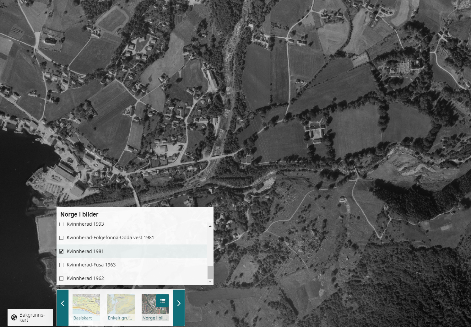 Flyfoto over Rosendal i 1981 og meny for bakgrunnskart.